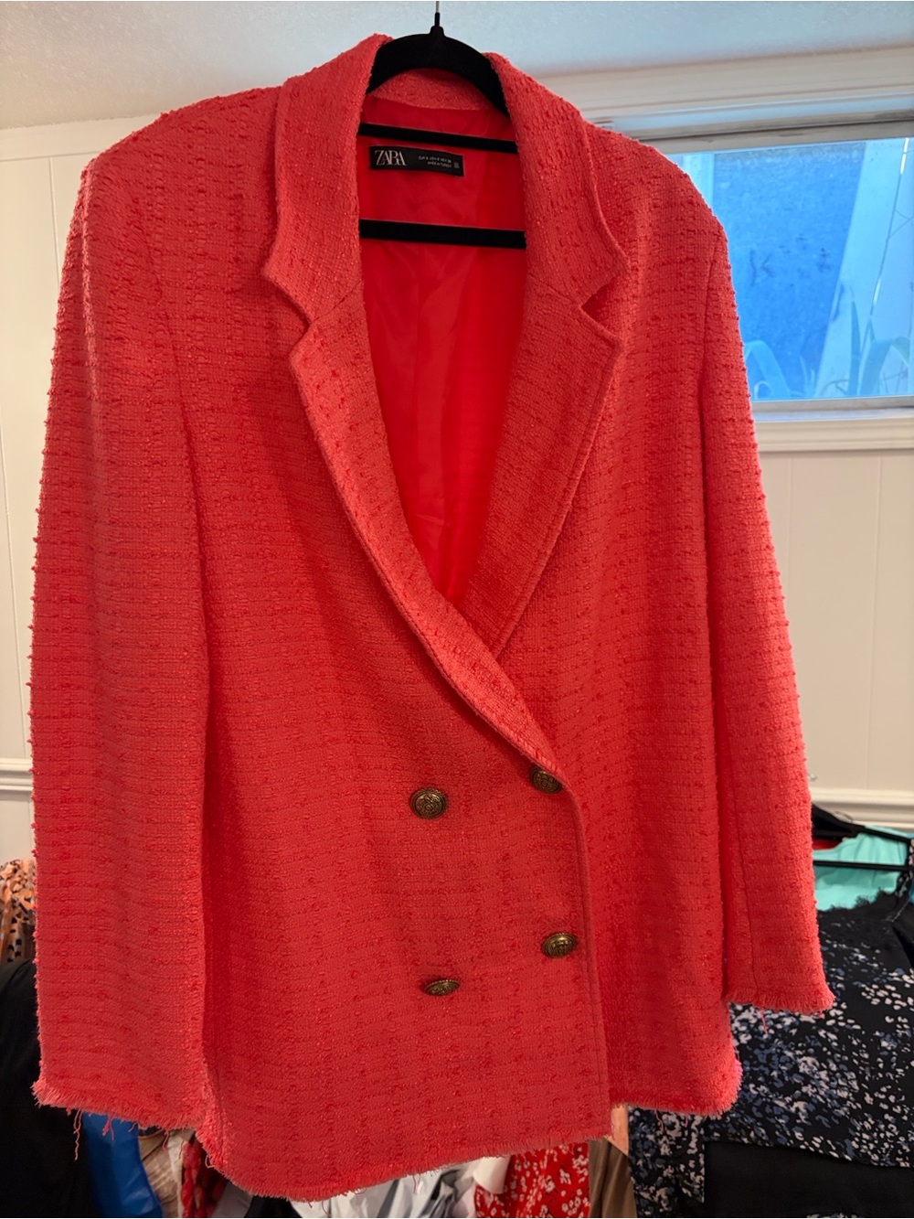 Zara Coral Textured Double-Breasted Blazer